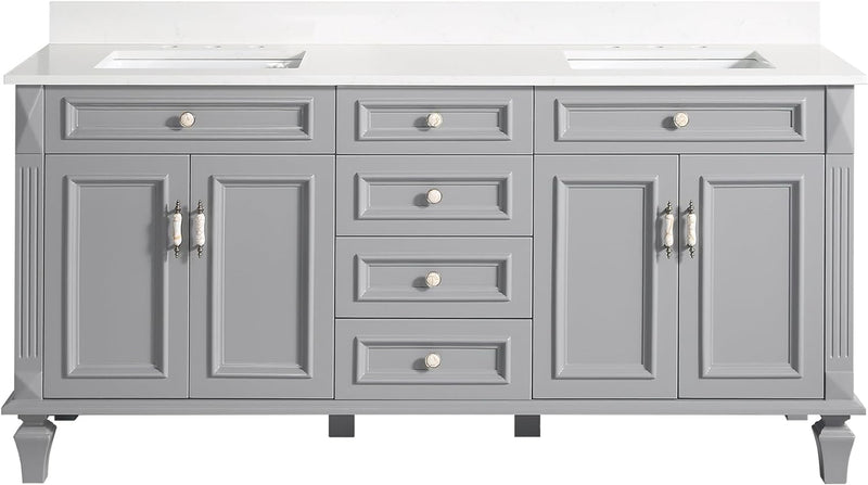 72 inch Navy Blue Freestanding Solid Wood Bathroom Vanity Storage Organizer with Carrara White Quartz Countertop