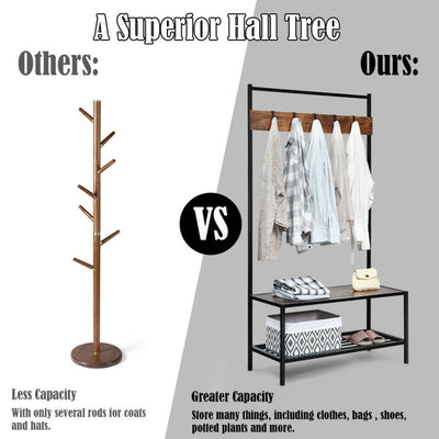 3-in-1 Industrial Hall Tree with Bench and Shoe Storage