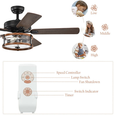 52 Inch Retro Ceiling Fan Lamp with Glass Shade Reversible Blade Remote Control