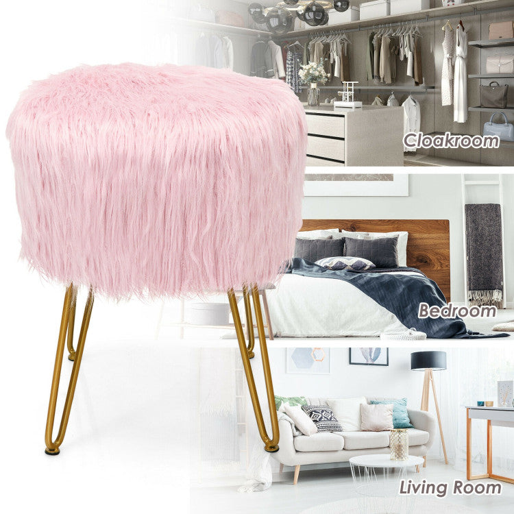 Faux Fur Vanity Stool Chair with Metal Legs for Bedroom and Living Room--Pink