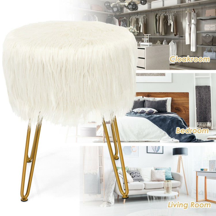 Faux Fur Vanity Stool Chair with Metal Legs for Bedroom and Living Room--White