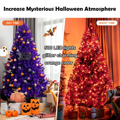 Artificial Prelit Purple Halloween Tree with Orange Lights and Pumpkin Ornaments