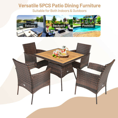 5 Pieces Acacia Wood Tabletop Wicker Patio Dining Set with 4 Armrest Chairs