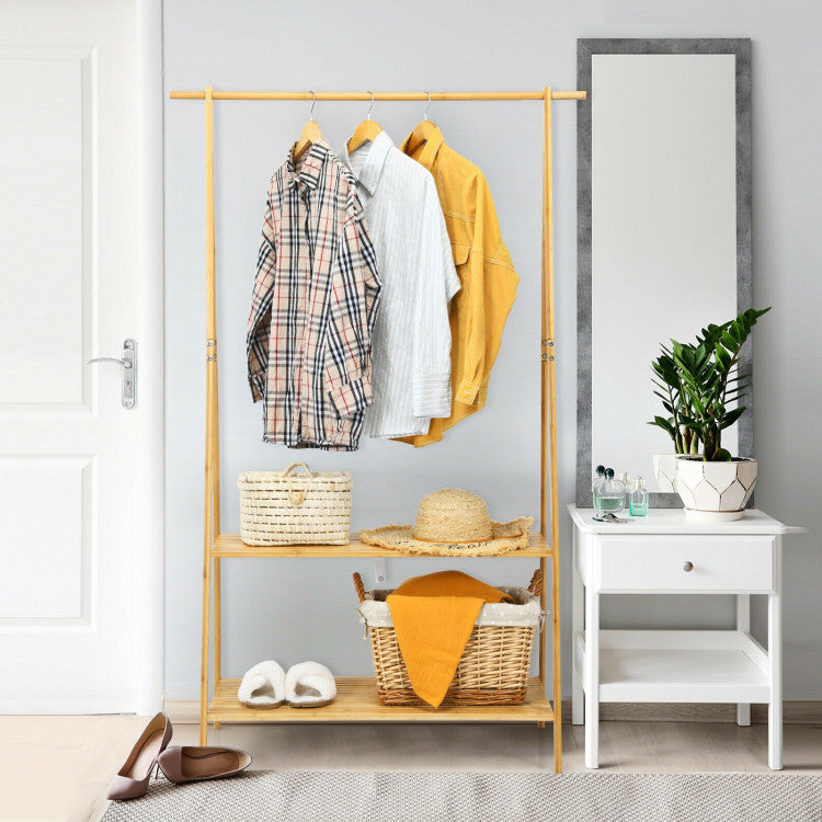 Bamboo Clothes Hanging Rack with 2-Tier Storage Shelf for Entryway Bedroom