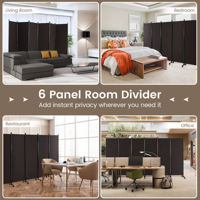 6 Panel 5.7 Feet Tall Rolling Room Divider on Wheels