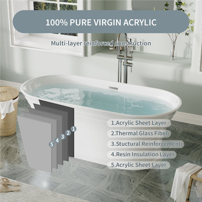 67" Acrylic Freestanding Soaking Bathtub in White with Overflow and Drain