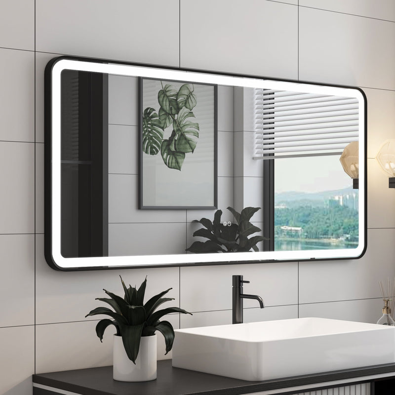 60 x 28 inch LED Bathroom Mirror, Wall Mounted Bathroom Vanity Framed Mirror with Dimmer, IP54 Enhanced Anti-Fog