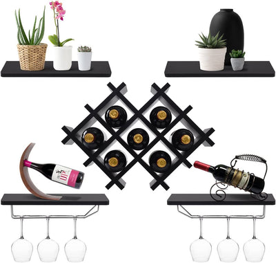 Set of 5 Wall Mount Wine Rack Set with Storage Shelves