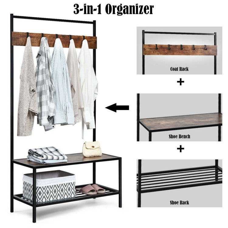 3-in-1 Industrial Hall Tree with Bench and Shoe Storage