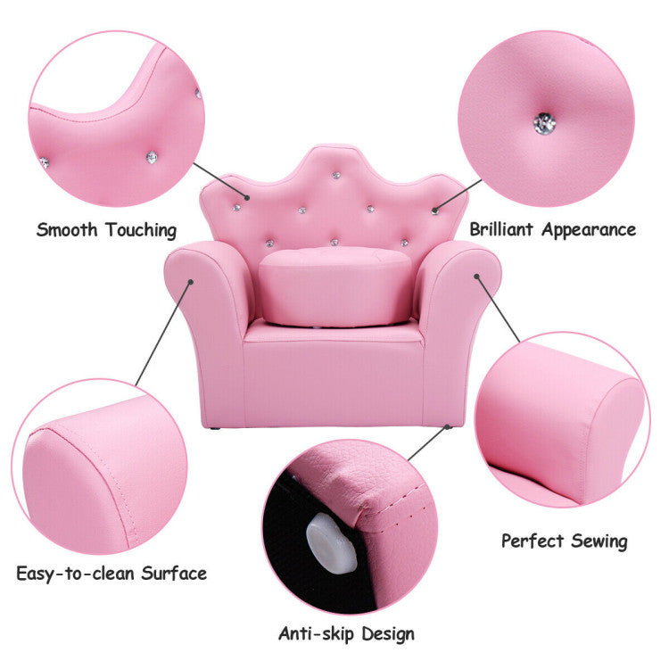 Children Upholstered Princess Sofa with Ottoman and Diamond Decoration for Boys and Girls