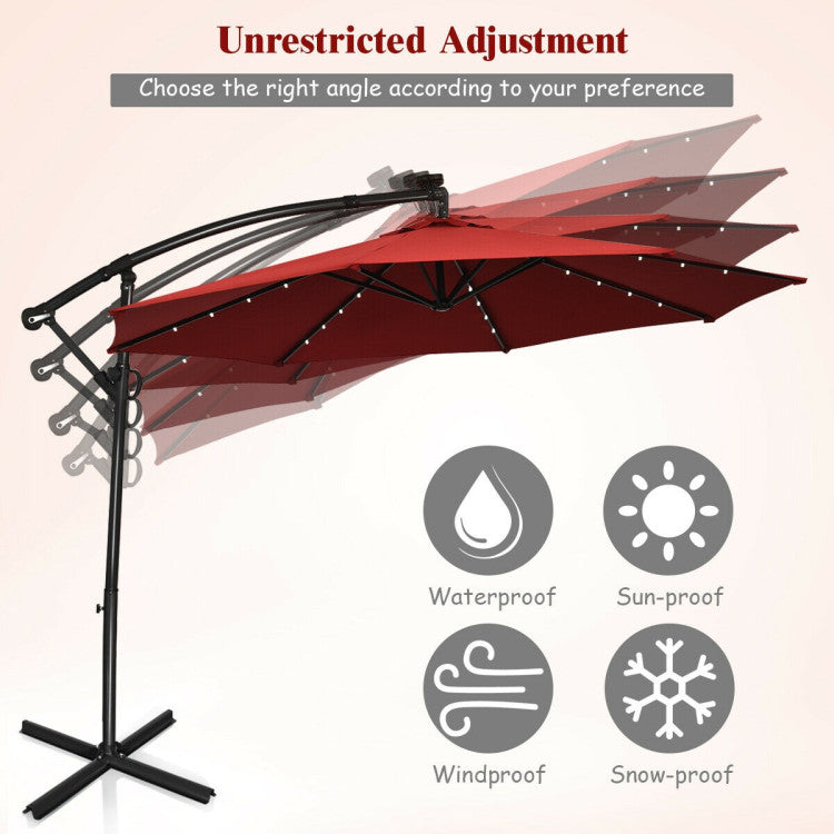 10 Feet 360° Rotation Solar Powered LED Patio Offset Umbrella without Weight Base