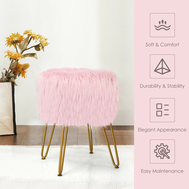 Faux Fur Vanity Stool Chair with Metal Legs for Bedroom and Living Room--Pink