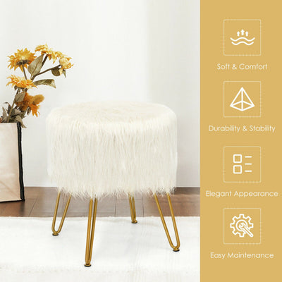 Faux Fur Vanity Stool Chair with Metal Legs for Bedroom and Living Room--White