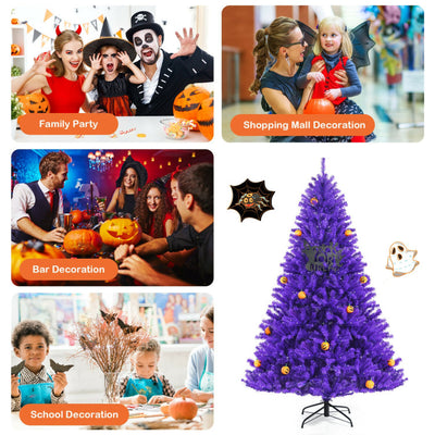 Artificial Prelit Purple Halloween Tree with Orange Lights and Pumpkin Ornaments