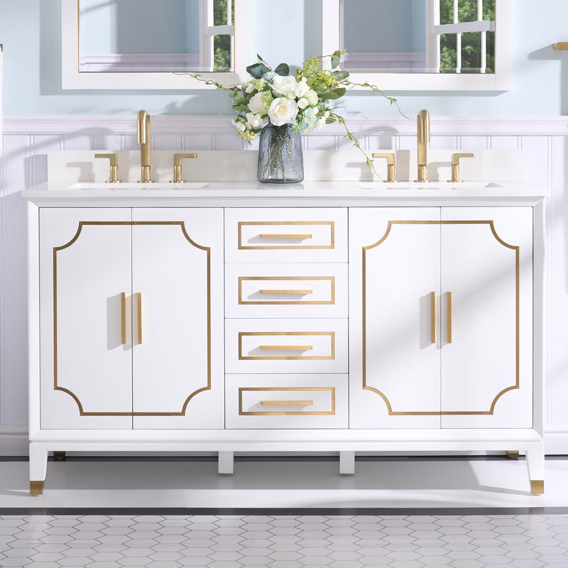 60 in. W x 22 in. D x 35 in. H Freestanding Bathroom Vanity in White with Carrara White Quartz Vanity Top