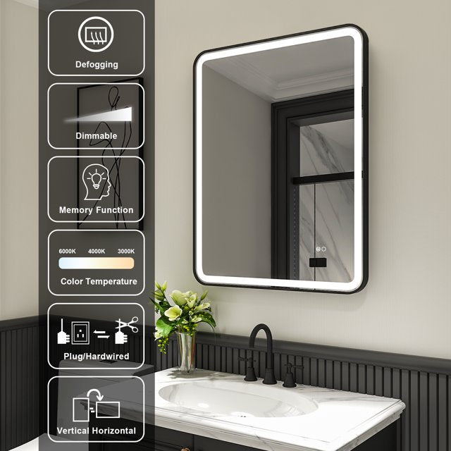 28 x 36 inch LED Bathroom Mirror, Wall Mounted Bathroom Vanity Framed Mirror with Dimmer, IP54 Enhanced Anti-Fog