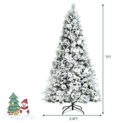 5'/ 6'/ 7'/ 8' Snow Flocked Hinged Christmas Tree with Berries and Poinsettia Flowers