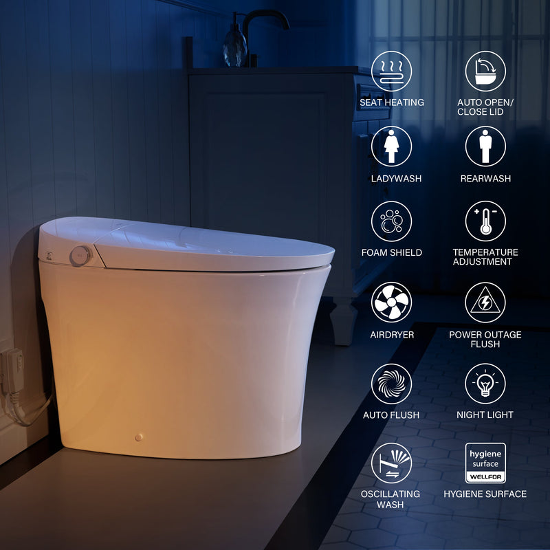 Elongated Smart Bidet Toilet in White with Built-in Tank, Foot Sensor Function, Auto Flush