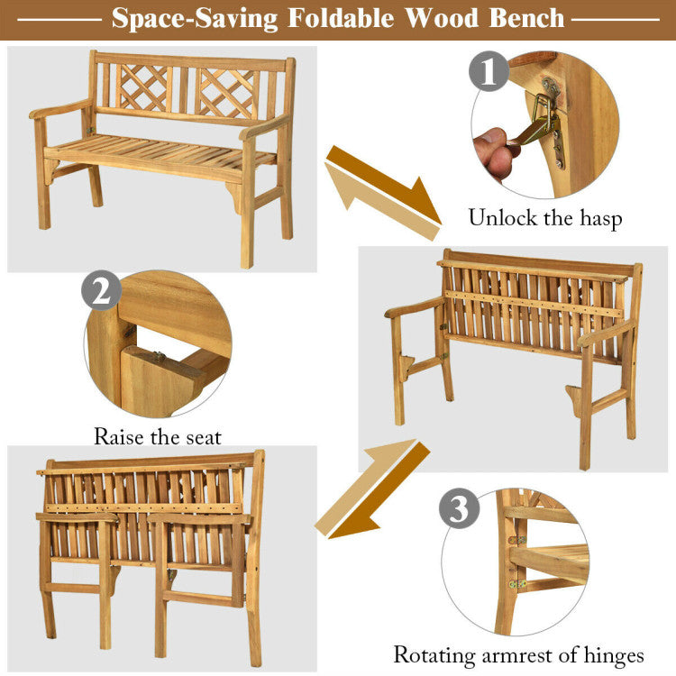 Patio Foldable Bench with Curved Backrest and Armrest