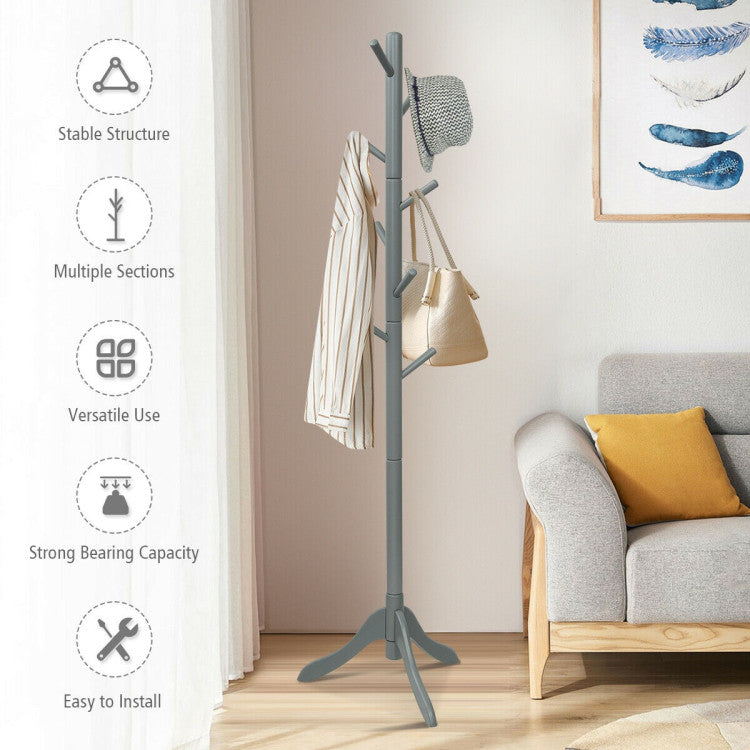 Adjustable Wooden Tree Coat Rack with 8 Hooks for Home Office Hall Entryway