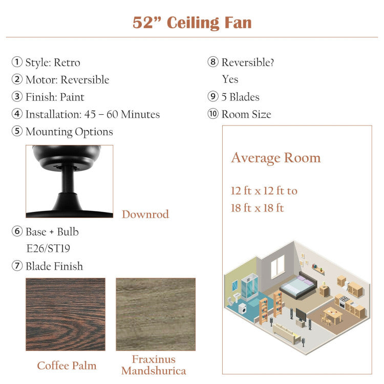 52 Inch Retro Ceiling Fan Lamp with Glass Shade Reversible Blade Remote Control