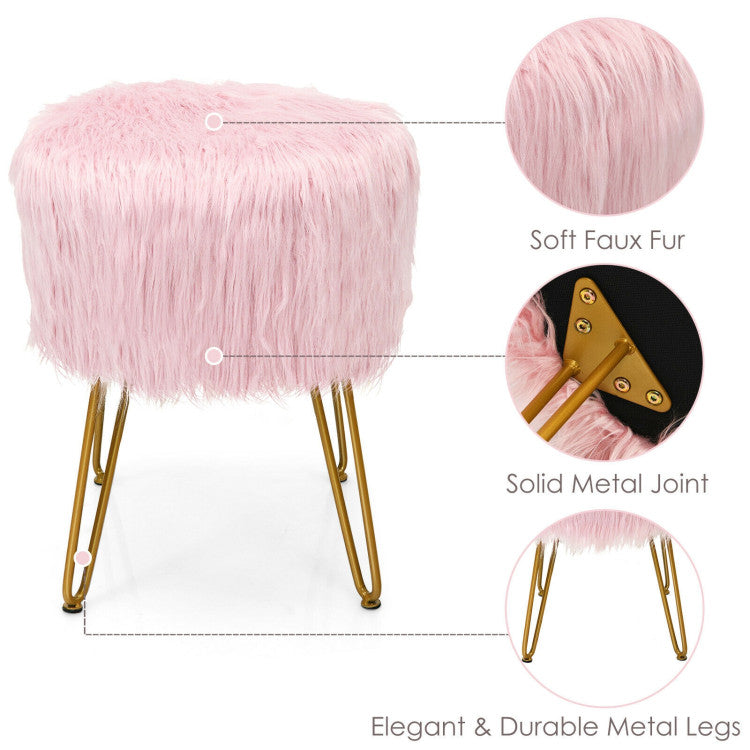 Faux Fur Vanity Stool Chair with Metal Legs for Bedroom and Living Room--Pink