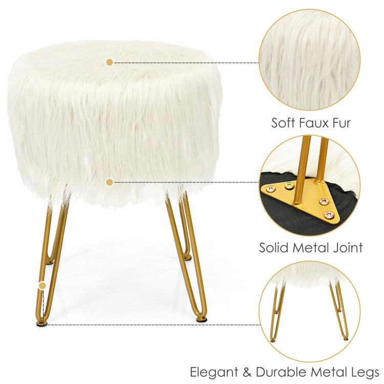 Faux Fur Vanity Stool Chair with Metal Legs for Bedroom and Living Room--White