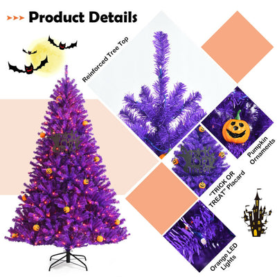 Artificial Prelit Purple Halloween Tree with Orange Lights and Pumpkin Ornaments