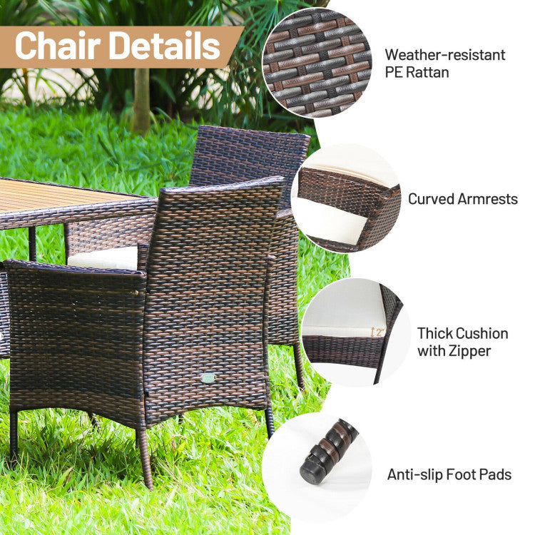 5 Pieces Acacia Wood Tabletop Wicker Patio Dining Set with 4 Armrest Chairs