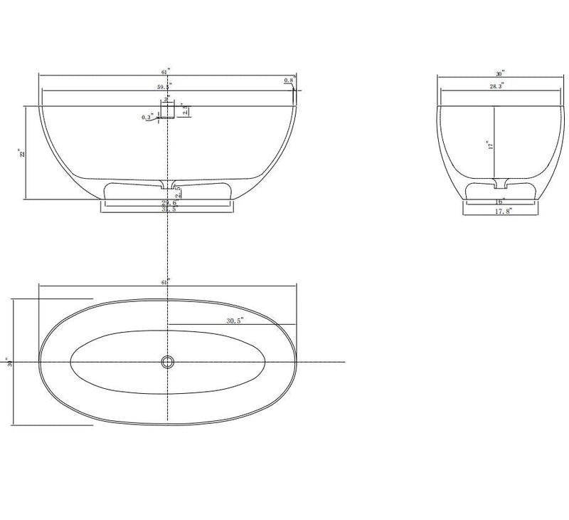 55inch/61inch/65inch Stone Resin Solid Surface Flatbottom Free-Standing Bathtub