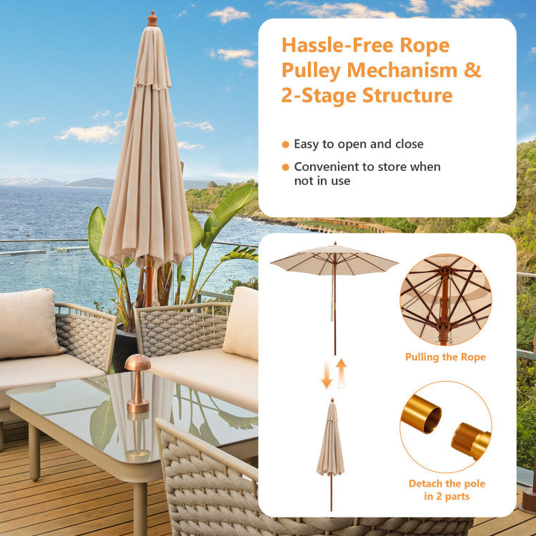 9.5 Feet Pulley Lift Round Patio Umbrella with Fiberglass Ribs