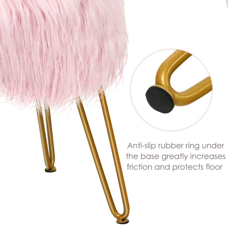 Faux Fur Vanity Stool Chair with Metal Legs for Bedroom and Living Room--Pink