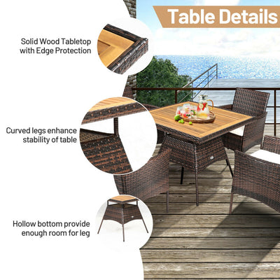 5 Pieces Acacia Wood Tabletop Wicker Patio Dining Set with 4 Armrest Chairs