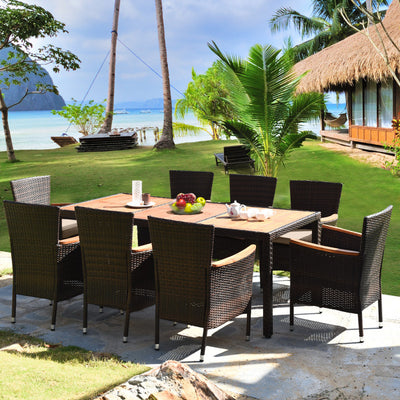 9 Pieces Rattan Dining Set with Acacia Wood Table and Stackable Cushioned Chairs