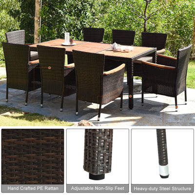 9 Pieces Rattan Dining Set with Acacia Wood Table and Stackable Cushioned Chairs