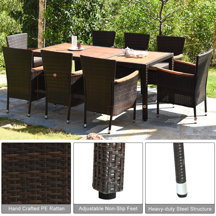 9 Pieces Rattan Dining Set with Acacia Wood Table and Stackable Cushioned Chairs