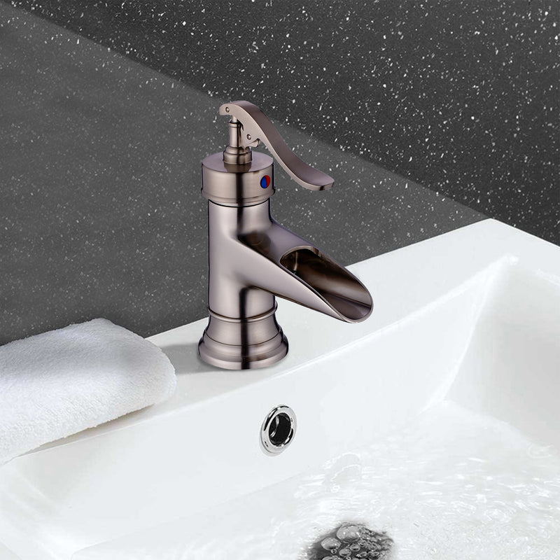 Single Handle Single Hole Bathroom Faucet in Brushed Nickel with Waterfall Spout