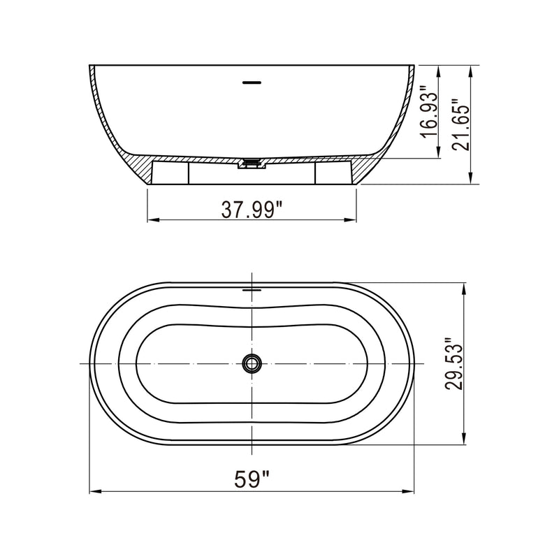 59inch Stone Resin Solid Surface Oval Shape Freestanding Bathtub in Matte White