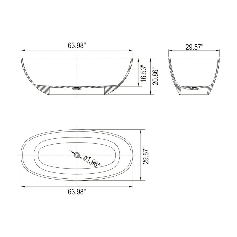 64inch Resin Transparent Blue Oval Shape Freestanding Soaking Bathtub