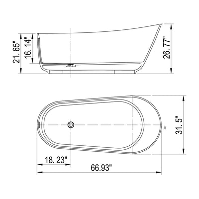 67inch Solid Surface Stone Resin Oval Shape Soaking Bathtub with Overflow in Matte White