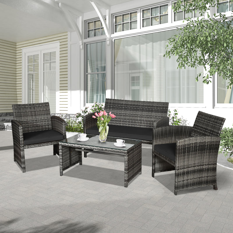 4 Pieces Patio Rattan Furniture Set with Glass Table and Loveseat