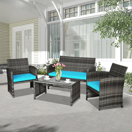 4 Pieces Patio Rattan Furniture Set with Glass Table and Loveseat