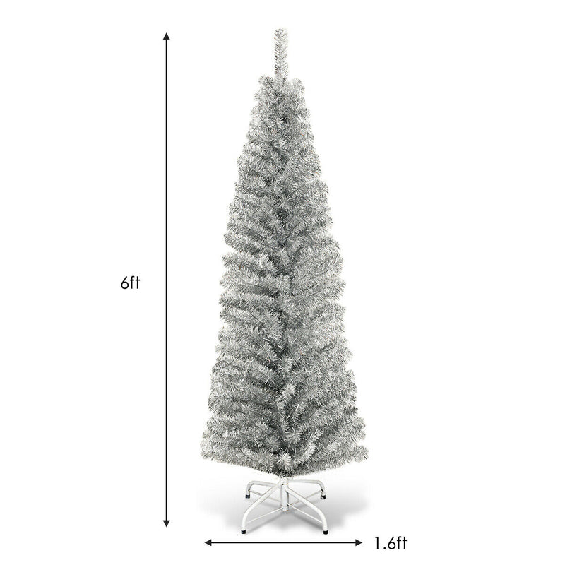 6 Feet Tinsel Artificial Slim Pencil Christmas Tree with Electroplated Technology