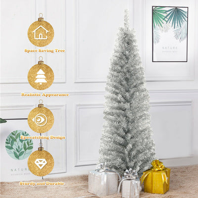 6 Feet Tinsel Artificial Slim Pencil Christmas Tree with Electroplated Technology