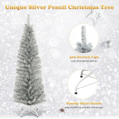 6 Feet Tinsel Artificial Slim Pencil Christmas Tree with Electroplated Technology