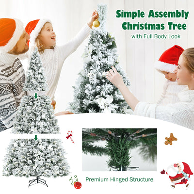 5'/ 6'/ 7'/ 8' Snow Flocked Hinged Christmas Tree with Berries and Poinsettia Flowers