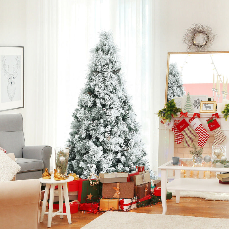 6ft Snow Flocked Christmas Tree with Pine Cone and Red Berries