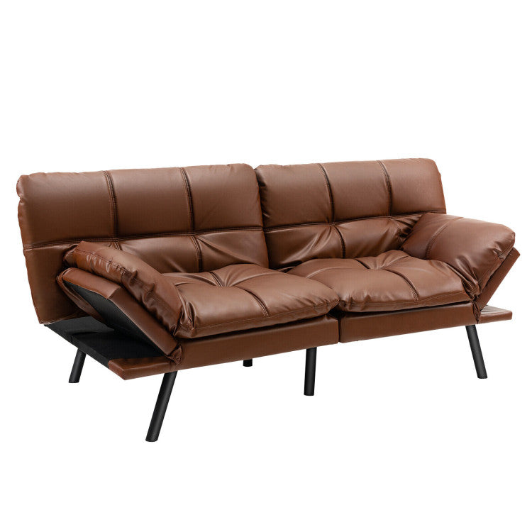 Convertible Memory Foam Futon Sofa Bed with Adjustable Armrest--Brown