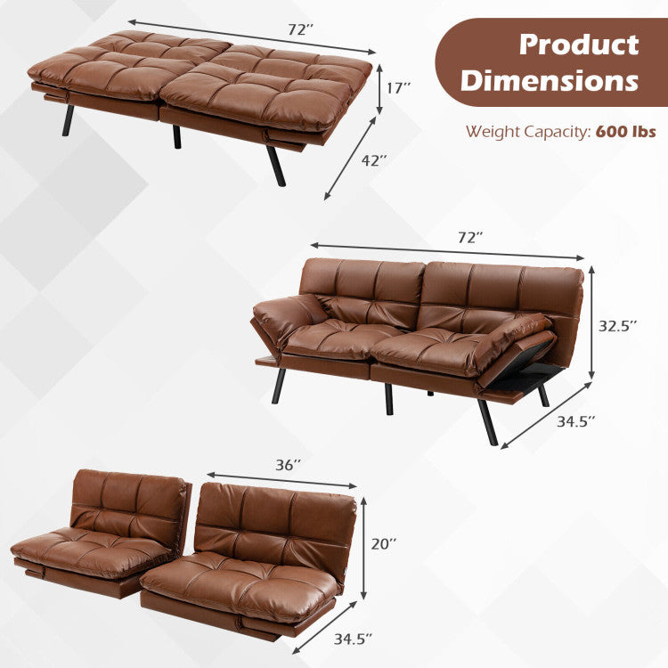 Convertible Memory Foam Futon Sofa Bed with Adjustable Armrest--Brown