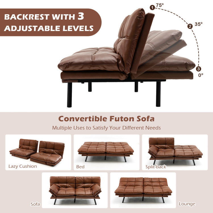 Convertible Memory Foam Futon Sofa Bed with Adjustable Armrest--Brown